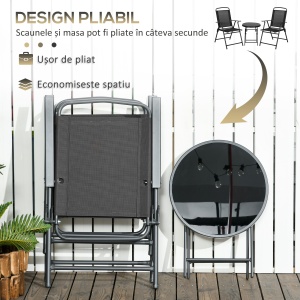 Set de Exterior din 3 Piese cu Masă cu Blat din Sticlă și 2 Scaune Pliabile din Plasă, Ф45x50 cm, Gri Deschis - Img 4