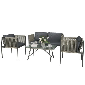Set de Exterior din Rattan 2 Fotolii, Canapea și Măsuță Gri - Img 1