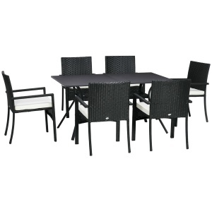 Set de Grădină 7 Piese din Ratan cu Masă și 6 Scaune Negru și Bej - Img 1