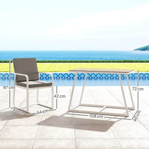 Set de Gradina cu Masa si Scaune cu Perne Detasabile, Blat din Sticla si Cadru din Otel, 108x60x72 cm, Alb - Img 3