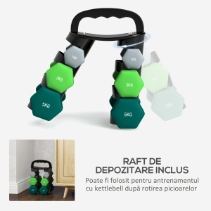 Set de haltere cu suport, 3 perechi de greutăți de 2 x 1 kg, 2 x 3 kg, 2 x 5 kg, Multicolor - Img 5