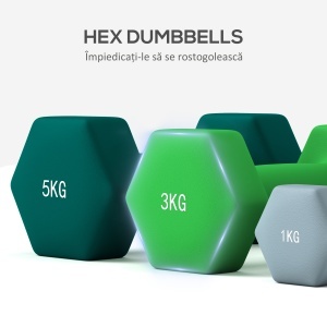 Set de haltere cu suport, 3 perechi de greutăți de 2 x 1 kg, 2 x 3 kg, 2 x 5 kg, Multicolor - Img 7