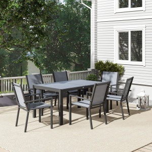 Set de Mobilier de Grădină cu 7 Piese, Masă și 6 Scaune Stivuibile, Mobilier din Oțel Textilen, Gri Deschis - Img 8