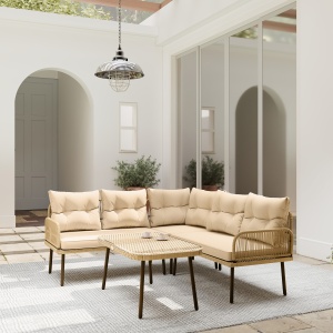 Set de Mobilier de Grădină din 4 Piese cu 2 Canapele, Fotoliu de Colț și Măsuță de Cafea, 100x68x74 cm, Bej - Img 8