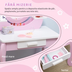 Set de Toaletă Machiaj, Măsuță de Machiaj cu Oglinzi și Taburet pentru Copii, Vârsta 3-6 Ani, 65,5x46x93 cm, Roz - Img 5