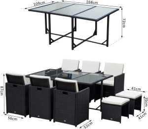 Set e Mobilier de Gradina in PE Rattan Set de Pranz 11 bucati cu Perne, Negru - Img 3