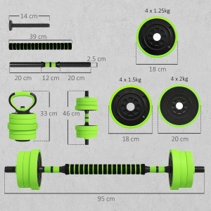 Set Greutăți Sala de Sport 4 în 1 de 20kg, Convertibil în Kettlebell, 2 Gantere, Bară de Haltere și Suport pentru Flotări, Verde - Img 3
