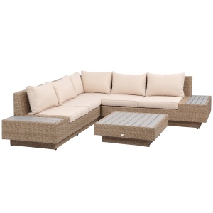 Set Living de Gradina din Rattan, 4 Piese, Coltar pentru Exterior cu Perne, Masute Laterale si Masuta de Cafea, Maro Deschis - Img 1