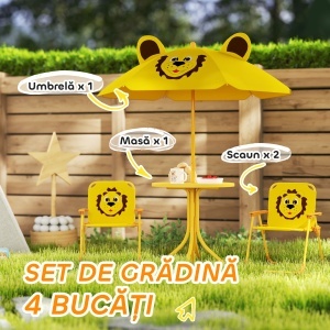 Set Masă, 2 Scaune și Umbrelă pentru Grădină, pentru Copii 2-5 Ani, Galben - Img 4