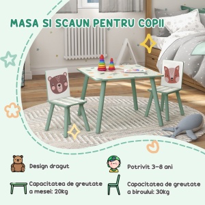 Set masa si scaun 3 piese pentru copii MDF lemn de pin desene animale verde distractie copii indemanare confortabil pentru copii model cu desene - Img 7