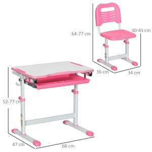 Set Masă și Scaun pentru Copii Reglabilă pe Înălțime, cu Blat Înclinabil 45°, 66x47x52-77 cm, Roz - Img 3