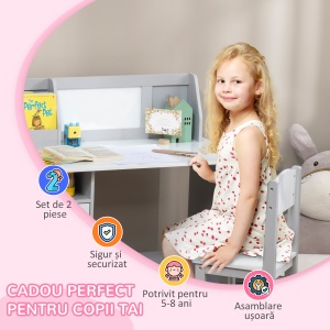 Set Masă și Scaune pentru Copii 5-8 Ani cu Spațiu de Depozitare, Tablă și Scaun, 90x45x85 cm, Roz - Img 6