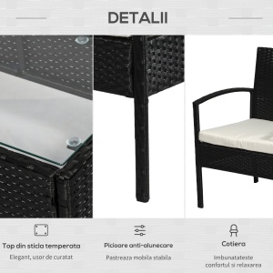 Set Mobila in PE Rattan de Extern cu Masa, 2 Fotolii si Canapea cu Perne, Negru - Img 6