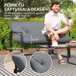 Set Mobilier de Exterior cu Măsuță din Sticlă, Canapea, 2 Fotolii și Perne, Gri - Img 4