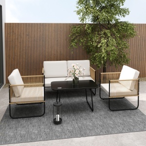 Set Mobilier de Grădină din 4 Piese cu Canapea, 2 Fotolii și Măsuță, 110x61x63 cm, Alb Crem - Img 9
