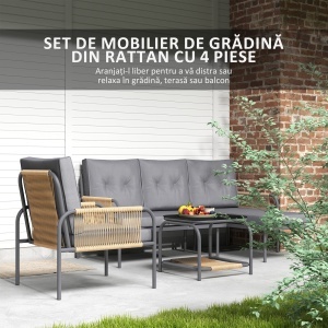 Set Mobilier de Grădină din 4 Piese cu Canapea, Fotoliu, Șezlong și Măsuță, 64x70x78 cm, Gri Închis - Img 4