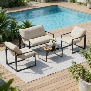 Set Mobilier Exterior 4 Piese, Set Relaxare cu Măsuță din Sticlă, Canapea, 2 Fotolii și Perne, Bej - Img 8