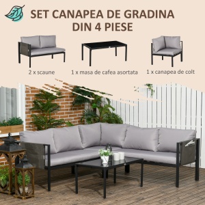 Set pentru gradina 4 bucati cu 2 canapele 2 locuri, fotoliu de colt si masuta de cafea din geam securizat, gri si negru - Img 4