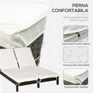 Sezlong cu 2 Locuri din PE Ratan Maro cu Saltea Alba 195 x 120 x 28 cm - Img 6