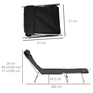 Șezlong Pliabil cu Spătar Reglabil pe 5 Niveluri și Pernă, Șezlong de Grădină cu Material Texteline, pentru Plajă Piscină Grădină, 182x56x28 cm, Negru - Img 3
