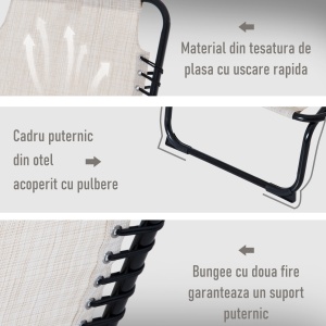 Sezlong portabil din otel si material tip plasa, care permite circularea aerului, cu spatar reglabil pe 4 pozitii, 197x58x26 cm, negru si crem - Img 5