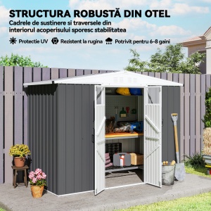 Șopron de Grădină cu 4 Guri de Ventilație, 2 Ferestre și Acoperiș Înclinat, 246x117x161/180 cm, Gri Închis - Img 6