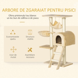 Stalp de zgariat pentru Pisici cu mai multe niveluri cu Hamac si Casuta, Franghii din Sisal Natural, 55 × 30 × 100 cm - Img 5