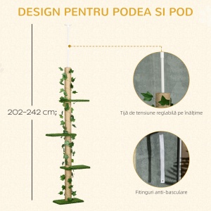 Stâlp Înalt pentru Pisici cu Tijă de Tensionare din Iută cu Frunze, 37x21x202-242 cm, Verde - Img 5