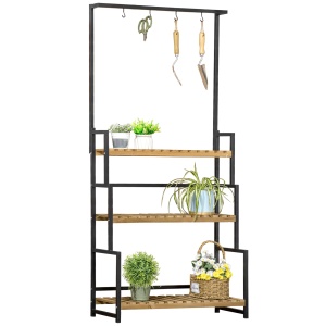 Suport de flori cu 3 niveluri cu carlige din lemn de brad si metal pentru interior si exterior, 80x36x174 cm, culoare negru si lemn - Img 1