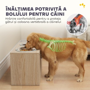 Suport pentru boluri pentru câini cu 2 boluri de 2L și dulap inferior, din lemn, 60x30x35,5 cm, stejar - Img 4
