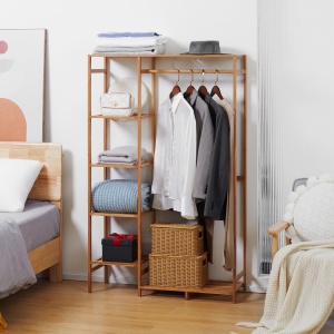 Suport pentru Haine din Bambus cu Rafturi pe 6 Niveluri și Bară pentru Haine, Stender pentru Dormitor și Hol, Design Modern, 90x30x145 cm, Lemn Natural - Img 2