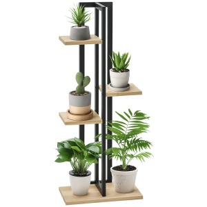 Suport pentru Plante cu 4 Etaje din Lemn de Brad și Metal, 45x25x110 cm, Negru - Img 1