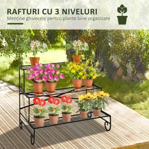 Suport pentru Plante din Fier Forjat, Scara Suport pentru Ghivece pentru Exterior pe 3 Niveluri, Negru - Img 4