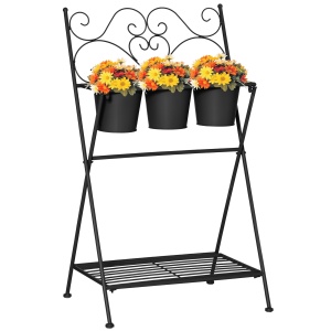 Suport pentru plante din Metal Pliabil cu 3 Ghivece, Raft pentru Plante cu Etajera pentru Casa si Gradina, 47x37x78,5 cm, Negru - Img 1