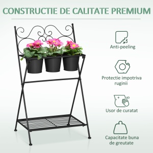 Suport pentru plante din Metal Pliabil cu 3 Ghivece, Raft pentru Plante cu Etajera pentru Casa si Gradina, 47x37x78,5 cm, Negru - Img 6