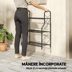 Suport pentru Plante Vertical cu 3 Niveluri, cu Suporturi Laterale în X, Suport Ghivece cu Mânere Integrate din Metal pentru Interior și Exterior, 69x28.5x78 cm, Negru - Img 7
