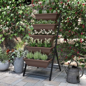 Suport pentru Plante Vertical cu 5 Niveluri și 5 Ghivece cu Găuri de Drenaj, Suport din Oțel și Plastic, 55x63x120 cm, Maro - Img 9