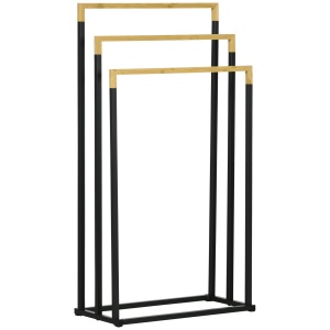 Suport pentru Prosoape cu 3 Bare din Bambus si Otel cu Design Autoportant, 45x22.5x86 cm, Negru si Lemn Natur
