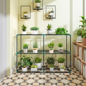 Suport Vertical pentru Plante cu 3 Niveluri din Oțel și Plastic, Suport Ghivece pentru Interior și Exterior, Grădină, Balcon, 143x48x100 cm, Verde Închis - Img 9