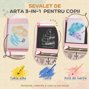 Tablă de Scris 3 În-1 pentru Copii 3-8 Ani din Lemn, 54x46,5x93 cm, Roz - Img 4