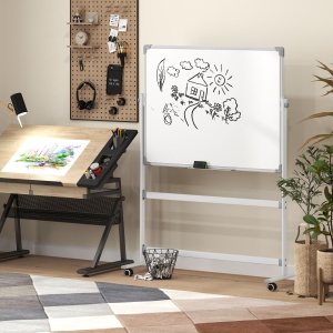 Tablă Magnetică cu 2 Fețe, Tablă Rotativă la 360° cu 3 Nivele Reglabile, Burete și Marker-e, 127x50x165 cm, Alb - Img 9