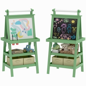 Tablă pentru Copii cu Șevalet 3 în 1, Sul de Hârtie și 2 Containere, din Lemn, 59x48x118 cm, Verde - Img 1