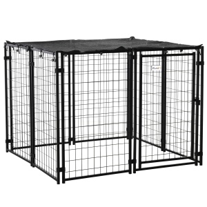 Tarc pentru Caini din Otel Pliabil cu Acoperis, Tarc pentru Animale cu 8 Panouri cu Usa Blocabila, 141x141x113cm, Negru