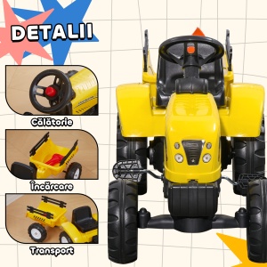 Tractor de Pedalat pentru Copii de 3+ Ani cu Remorcă, Greblă, Lopată și Claxon, 133x42x51 cm, Galben - Img 4