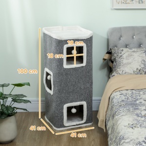 Turn pentru Pisici cu 4 Niveluri, 3 Căsuțe, 3 Bile de Jucărie și Loc de Relaxare, Copac pentru Pisici din Plăci Aglomerate, Țesătură și Pluș, 41x41x100 cm, Gri și Alb - Img 3