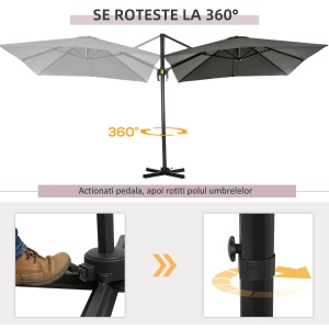 Umbrelă de Grădină cu Manivelă de Mână cu Unghi Reglabil pe 5 Niveluri și Rotație la 360°, 245x245x245 cm, Gri - Img 4