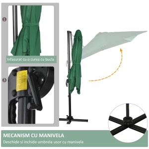 Umbrelă de Grădină cu Manivelă, Rotire la 360°, Orificii de Ventilație și Parasolar Reglabil, 2.5x2.5 m, Verde - Img 6