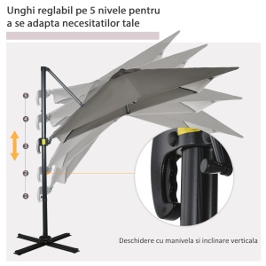 Umbrelă de Grădină cu Manivelă, Rotire la 360° și Copertină Reglabilă pe 5 Niveluri, 2.5x2.5 m, Gri Deschis - Img 5