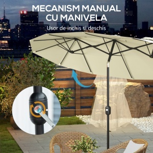 Umbrelă de Grădină Dublă Înclinabilă la 45° cu Manivelă si 3 Orificii de Ventilație, 295x152x222 cm, Bej - Img 6