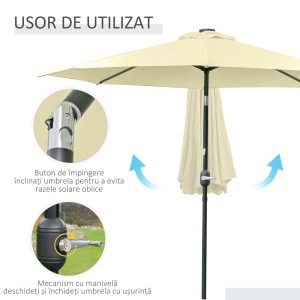 Umbrelă de Grădină Inclinabilă Ø265 cm cu 32 Lumini LED Solare și Manivelă, Umbrelă de Exterior cu 8 Spițe, din Oțel, Poliester, pentru Terasă, Curte, Balcon, Bej - Img 6